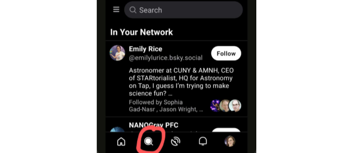 The Search tab on Bluesky, including the very useful 'In Your Network' set of follow suggestions.